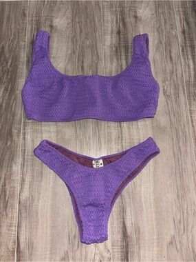Feline Purple Textured Scoop Bikini Set - Women's Swim